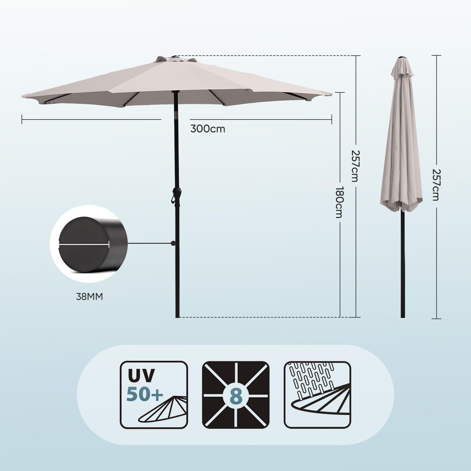 Sekey Ombrellone 300 cm con protezione UV50+, impermeabile, con manovella, ideale per giardino, balcone e terrazza