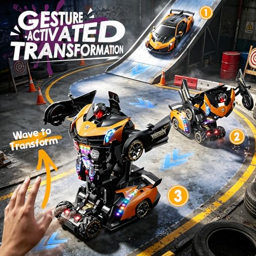 Image of Holyton 1:10 Transforming RC Car, Large Gesture-Sensing Remote Control Car with One-Button Transformation, LED Lights, Fog Spray, 2 Rechargeable Batteries for 80-Min Playtime, Gift for Kids Ages 5-12