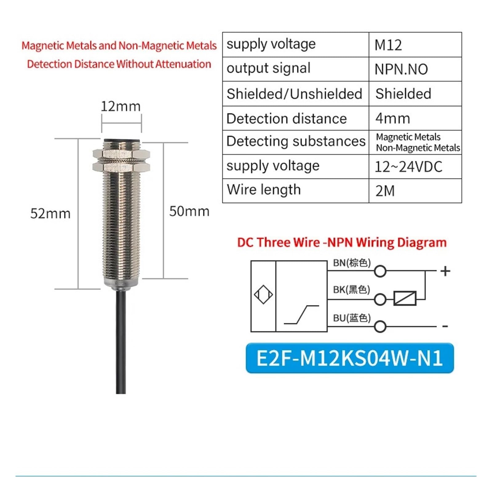 Sensor de metales M12 que detecta cobre, aluminio y acero. Interruptor de proximidad impermeable IP68. Tres hilos, 24 V.(E2F-M12KS04W-N1)