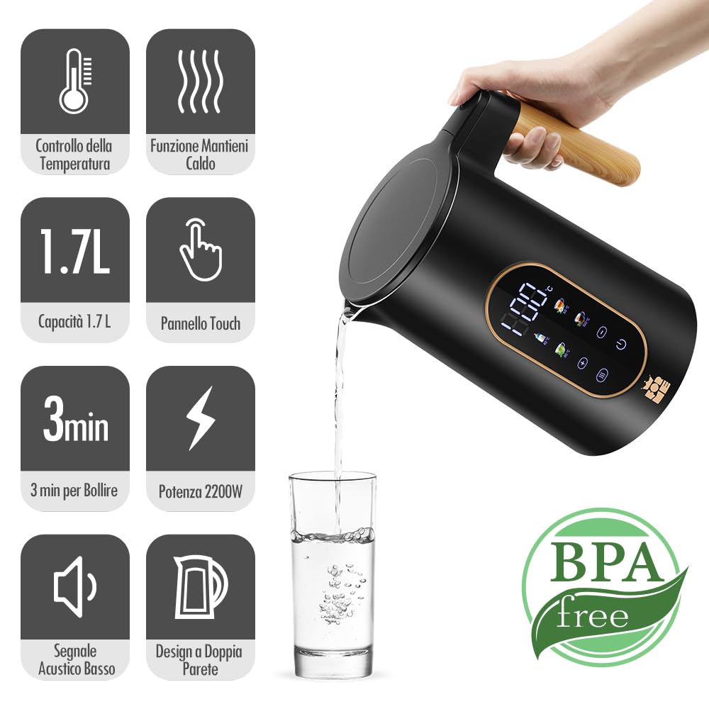 ForMe Bollitore Elettrico In Acciaio Inox 1,7 L Temperatura Regolabile da 40-100 C I Funzione di Mantenimento Caldo LED Display Digitale della Temperatura I Arresto Automatico I Teiera Senza BPA