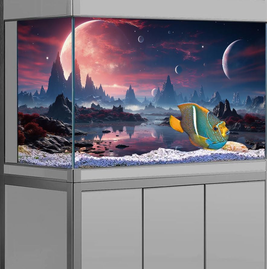 Image of 24X12IN Cosmic Spaceterrarium Background, Cool Parallel Space Themed Aquarium Reptile Habitat Background, Red Moon Aquarium Background with 10EVA Double-Sided Tape