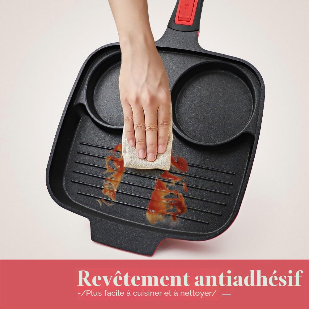 Poêle à Frire 3 Trous avec Couvercle 26 x 24 cm, Poêle à œufs au plat avec Poignée Amovible, Poêle Grill Antiadhésive 3 en 1 pour Petit-déjeuner