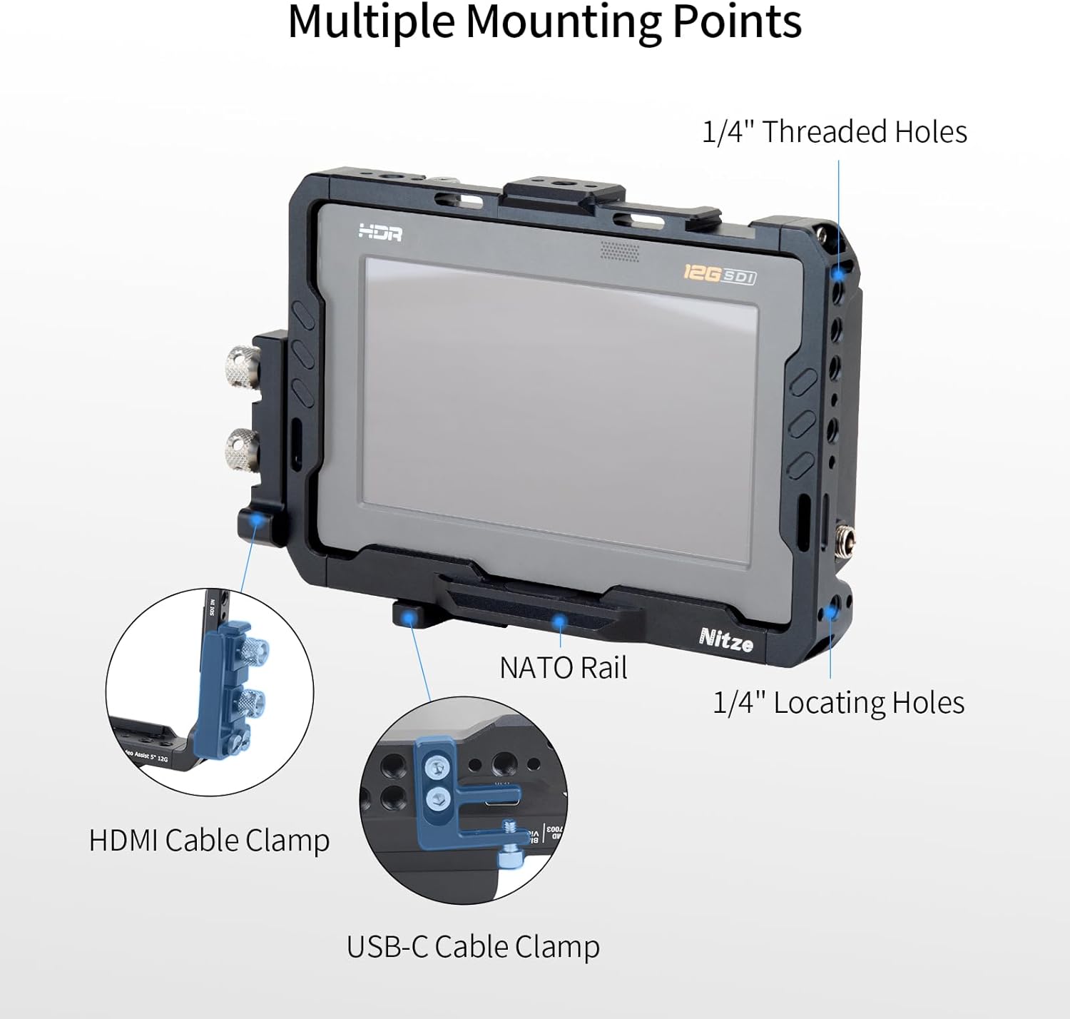 Nitze Monitor Cage for Blackmagic Video Assist 5" 12G / 3G, with HDMI and USB-C Cable Clamps - JT-B01A