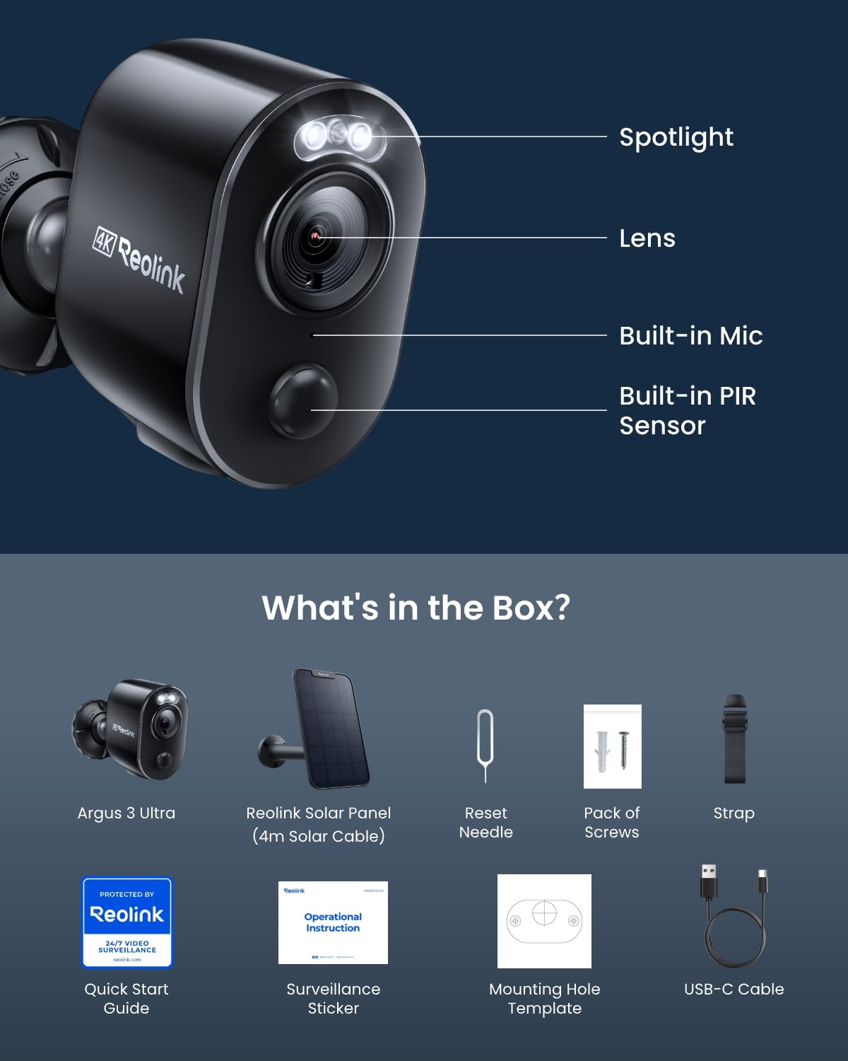 Reolink Kamera Zewnętrzna Smart, Kolorowa Noktowizja 4K, Wykrywanie Ludzi/Pojazdów, WiFi Dual-Band 2.4/5Ghz, Bezprzewodowa, Zasilanie Bateryjne/Solarne, Argus 3 Ultra z Panelem Słonecznym Czarny