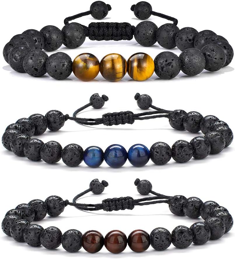 3 pcs Lava Rock&Tiger Eye Bracelets