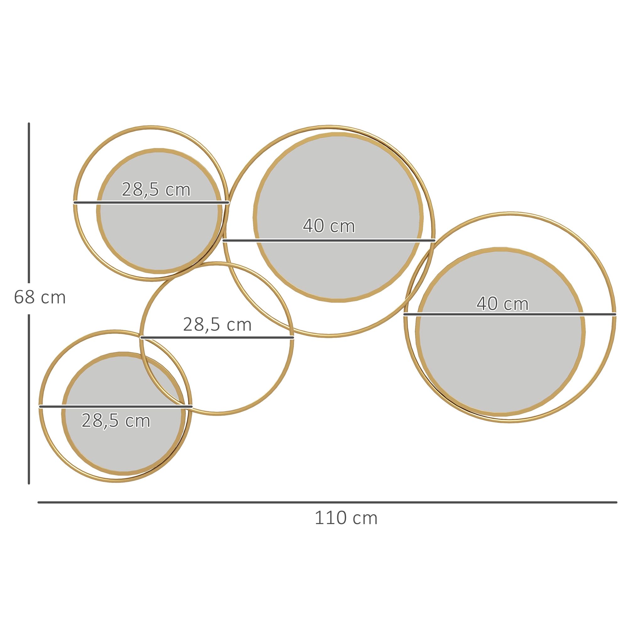 HOMCOM Espejo Decorativo de Pared de Metal 3D Adorno de Pared Metálico con 4 Espejos Redondos para Salón Dormitorio Pasillo 110x68 cm Dorado
