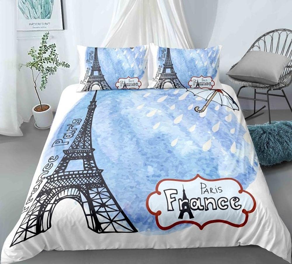 QWFDAQbedding seKing：95 inch x 86.7 inch duvet cover sets, White blue black cartoon eiffel tower Duvet Cover Set Double, 3 Piece Print Bedding Set Print Duvet Set.1 Quilt Cover with 2 Pillowcases