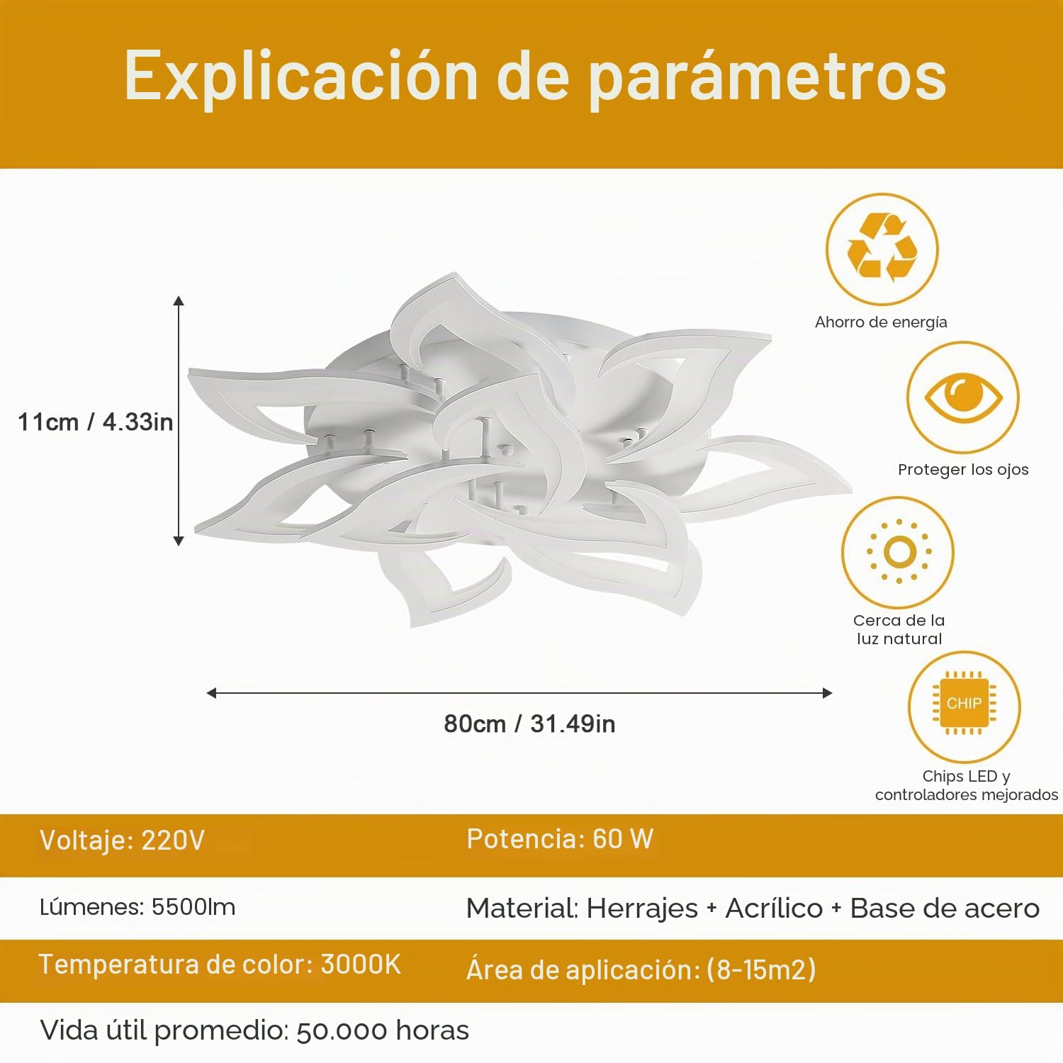 Goeco Lamparas de Techo Salon, 60W Plafon LED Techo Moderno Blanco Diseño Flor Pétalos, Luz de Techo LED Dormitorio para Cocina, Comedor, Estudio, Oficina, Luz Blanca Cálida 3000K, 80CM