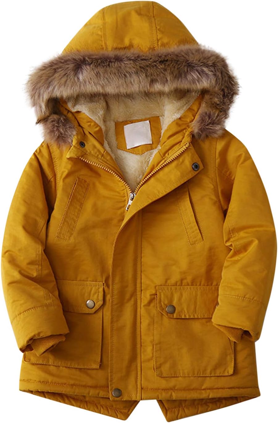 Evelin LEE Kids Boys Faux Fur Collar Hooded Zip Up Jacket Fleece Lined Winter Warm Outerwear Coat Yellow