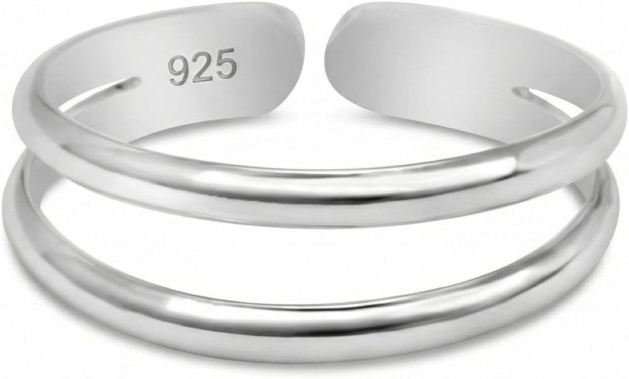 Handmade Silver Adjustable Double Band Toe Ring, 925 Sterling Silver, Classic Dainty Two Lines Open Toe, Pinky, or Knuckle Rings for Women Creations