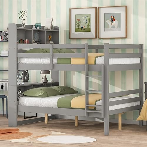 TRIPLE TREE Literas de madera con cabecero de estantería litera matrimonial sobre matrimonial con base de cama de madera de almacenamiento con riel