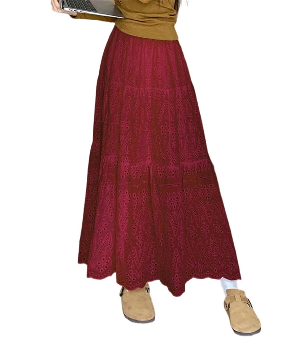 Womens A-Line Elastic Waist Solid Maxi Skirt Layered Hollow-Out Pattern Beach Party Long Skirts