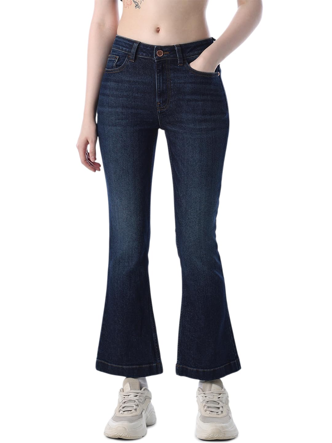 only Women's Solid Flared High Rise Black Jeans-picture-18