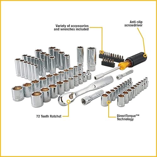 DEWALT Kit de taladro inalámbrico de 20 V Max, 1/2 pulgada con juego de herramientas mecánicas, 84 piezas (DCD771C2 y DWMT81531)