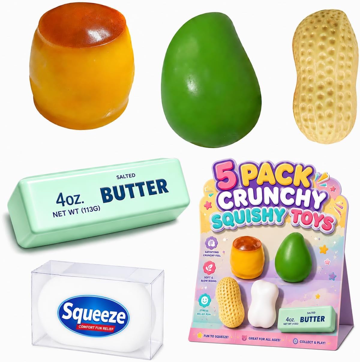 5PCS Crunchy Squishy Asmr Bead Filled, Crunchy Butter Mango Peanut Soap Pudding Squishies, Slow Rising Squeeze Realistic Food Stress Ball Rebound Moldable Party Favor Gifts for Adults (5pcs-b)
