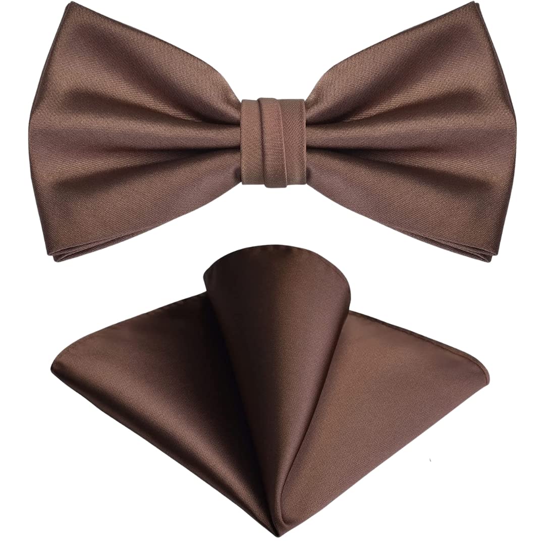 Premium Pre-Tied Satin Bow Tie and Pocket Square for Men | Handcrafted Bow Tie & Wedding Handkerchief for Suits, Blazers & Tuxedo for Formal Events & Weddings (Dark Brown)-image-2