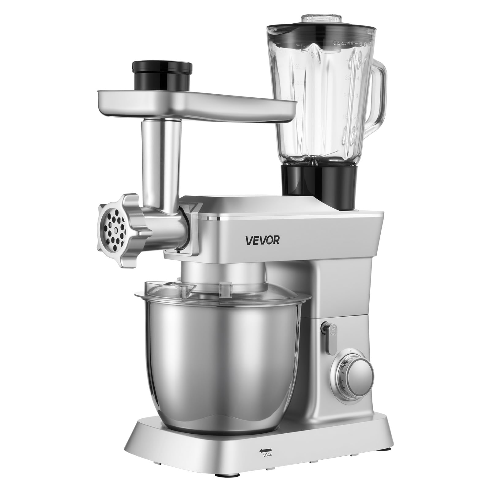 VEVOR Robot Pâtissier et Culinaire 4,3 L, Batteur sur Socle 1300 W avec Fonction Hachoir à Viande et Blender de 1,5 L, Batteur Mixeur 6 Vitesses avec Pulse, Bol en Inox, Mélange Fouettage Pétrissage