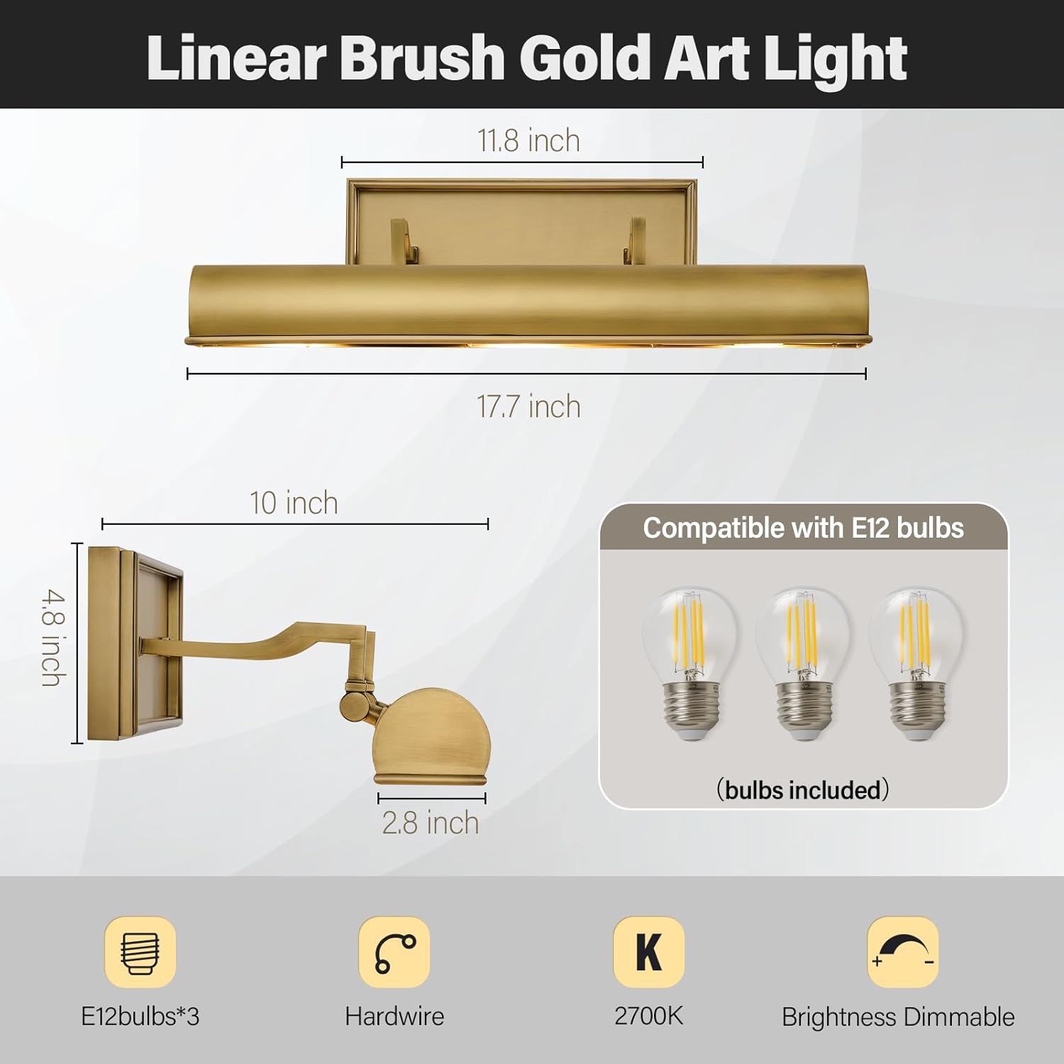 Gold Hardwired Art Picture Light: 18 Inch Long Painting Lights - Brass Art Decor Display Wall Sconce Over Painting Frame - Gallery Artwork Lighting Lamps for Museum Portrait Bookcase 3 Bulbs Included