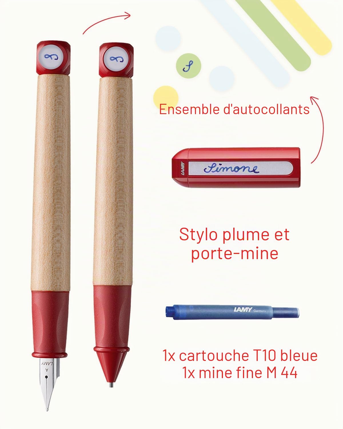 Lamy ABC Kit d'apprentissage d'écriture rouge avec emballage cadeau composé de 1 stylo d'apprentissage adapté aux enfants avec plume débutant et 1 crayon, poignée antidérapante, capuchon et cube en