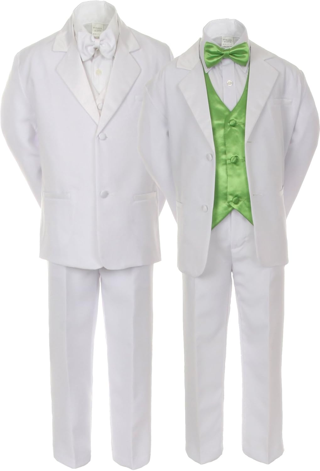 7pcs Boys White Suit Tuxedo with Satin Lime Green Bow Tie Vest Set (S-20)