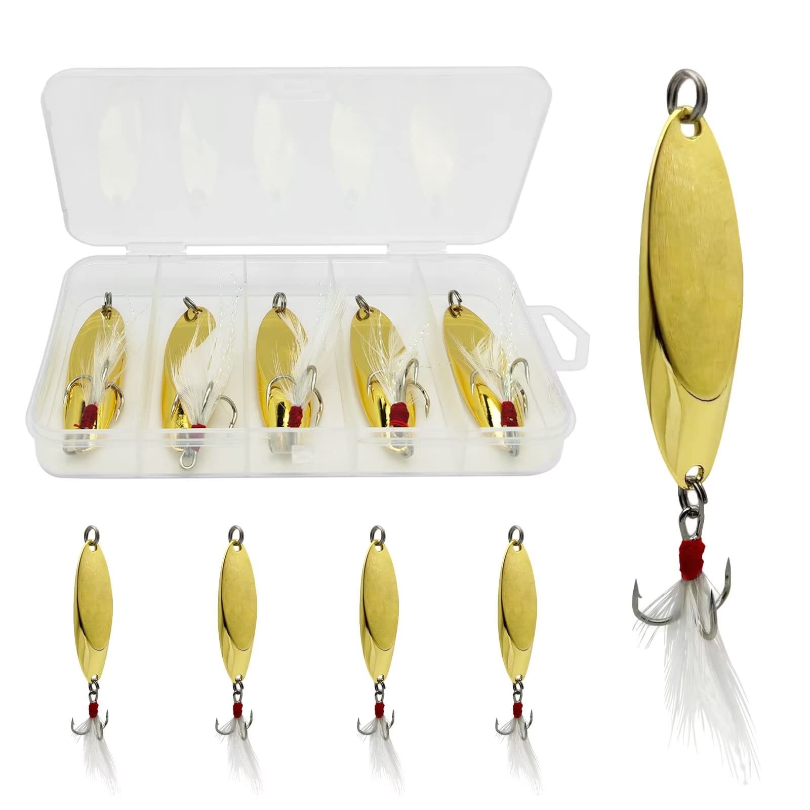 CWSDXM Fishing Spoons Fishing Lures Casting Spoon Metal Jig Lure Trout Lures for Freshwater/Saltwater, Reflective Spoons Bait with Treble Hooks Fishing Tackle 0.17 oz - 0.63 oz 5 Pcs