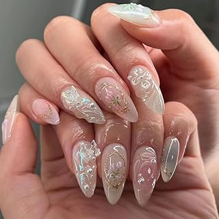 JUSTOTRY 24 Stück Blumen Nägel Zum Aufkleben Kurz,Mandel Press on Nails mit 3D Sculpting Metallic Muster,Glossy Oval Kunstnägel Mittel,French Fingernägel Künstliche Nägel für Frauen
