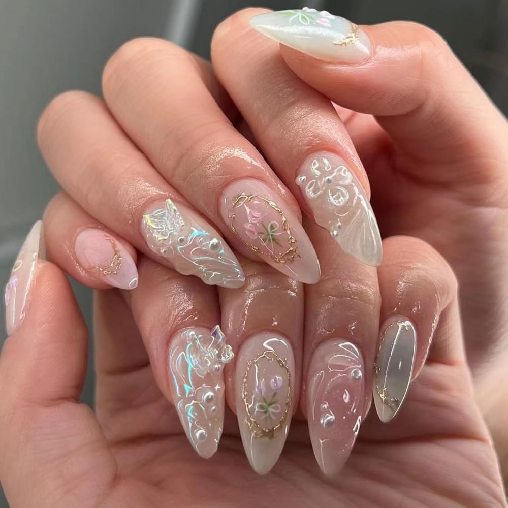 JUSTOTRY 24 Pcs Floral Almond False Nails Short,Press on Nails with 3D Sculpting Metallic Pattern,Glossy Fake Nails Medium for Nail Art,French Oval Pearls Stick on Nail for Women Gifts