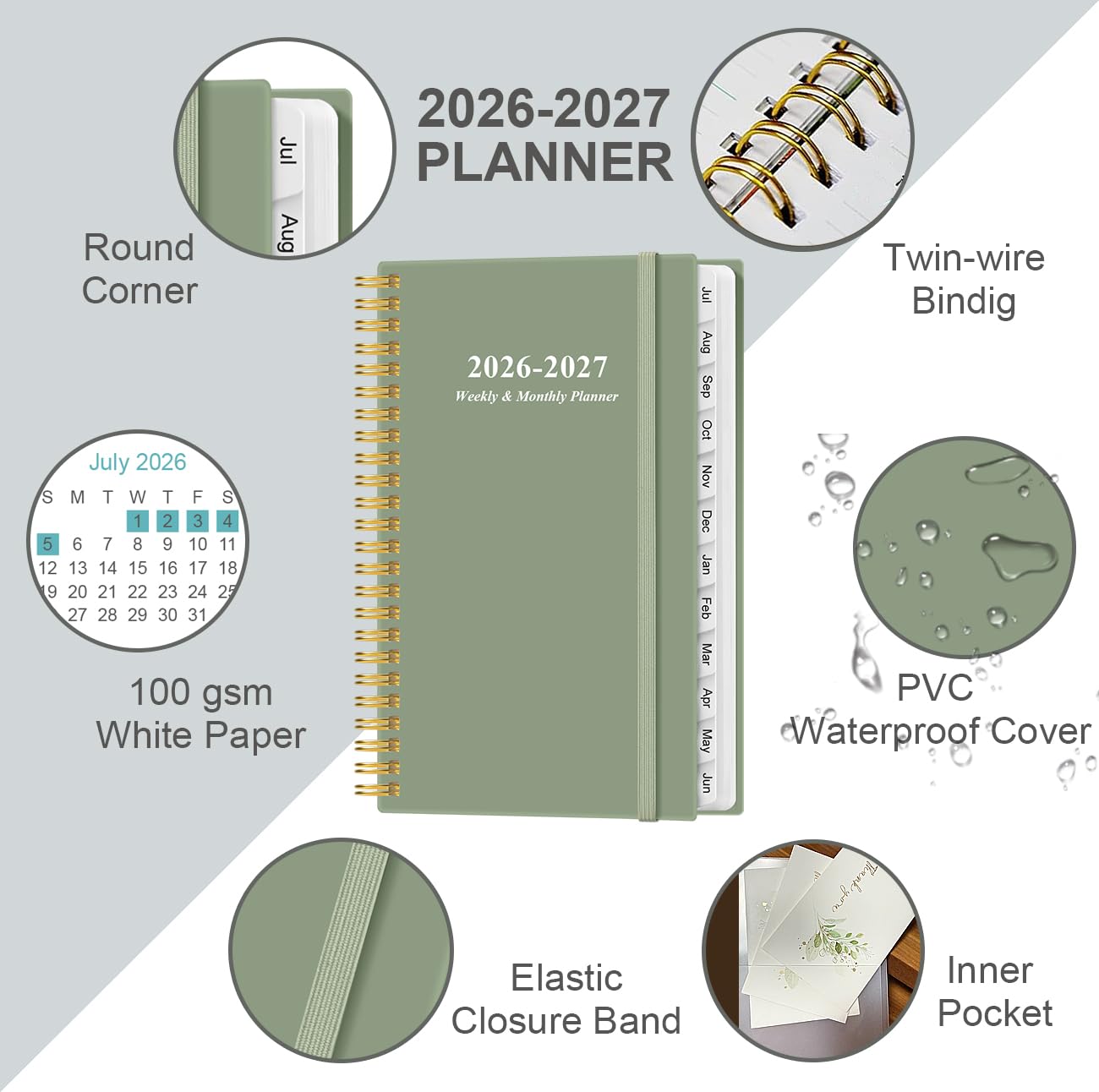Taschenkalender 2025 - Planer 2025 von Januar 2025 - Dezember 2025, Planer 2025 mit 12 Reitern, Doppeldrahtbindung, Innentasche, 9,5 x 17,1 cm, Grün