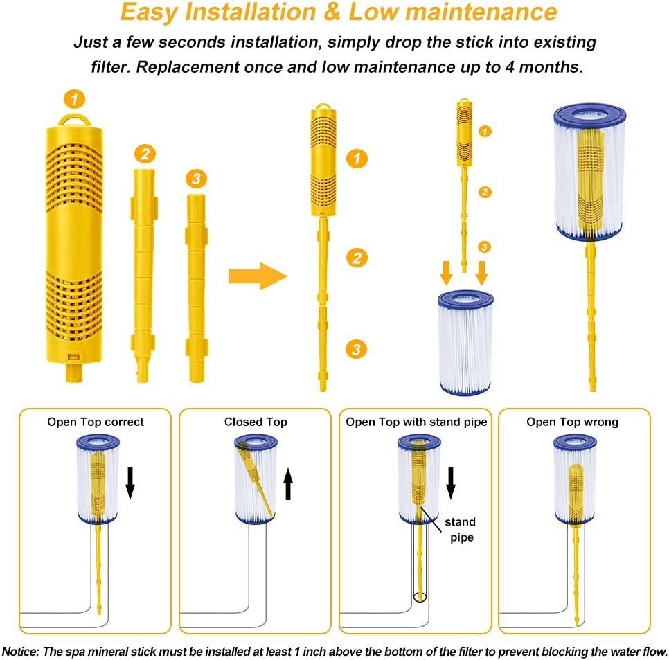 Spa Mineral Stick 4 Pack Hot Tub Filter with 4 Months Lifetime Cartridge Universal for Spas Filters Swimming Pool Fish Pond (Yellow)
