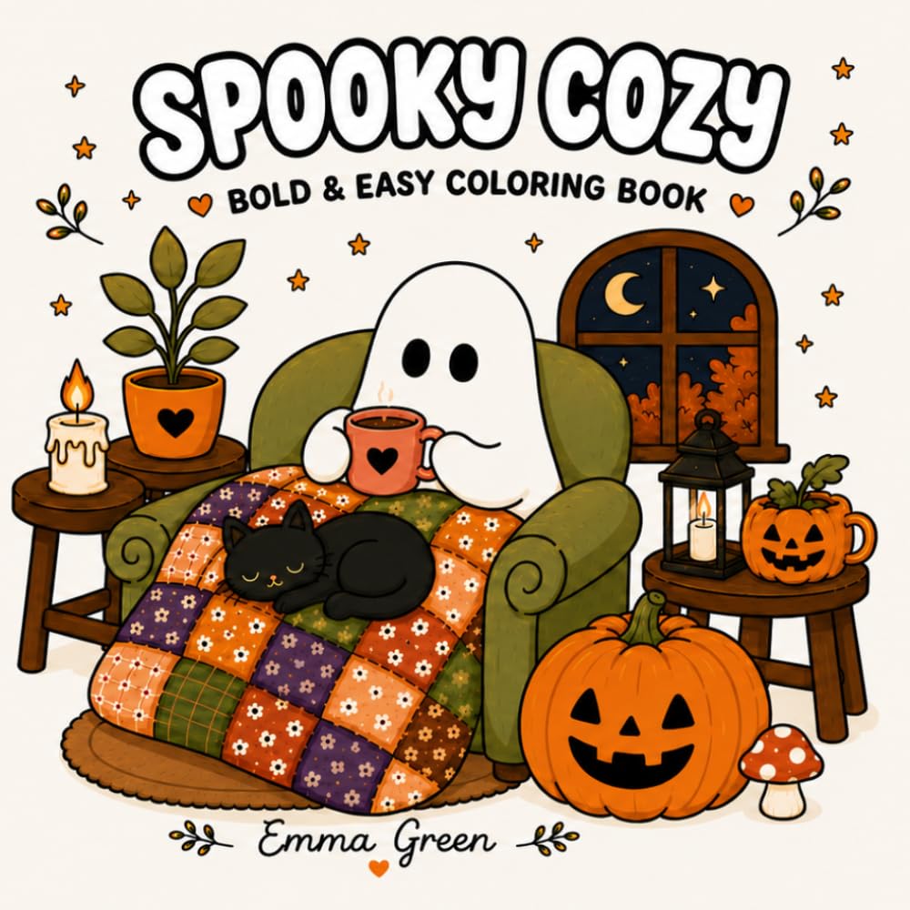 Spooky Cozy: Bold & Easy Coloring Book: Cute Ghosts, Cozy Witches, Cats, Pumpkins & Autumn Magic | Simple and Relaxing Halloween Coloring Book for Adults & Teens (Cozy Seasons)