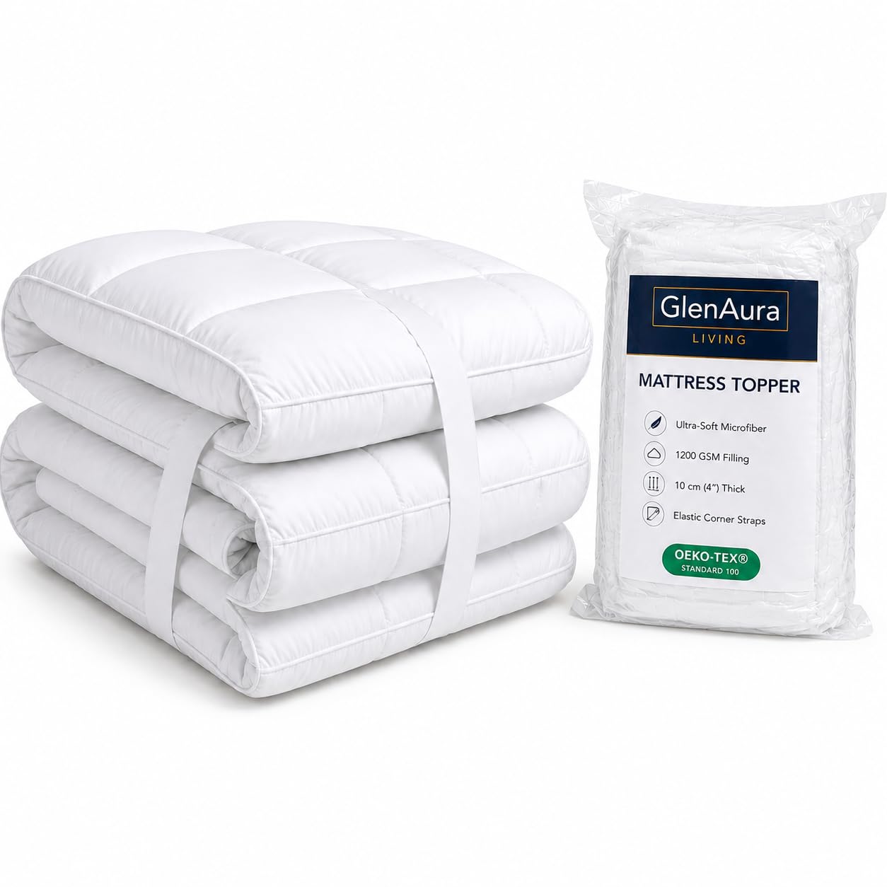 GlenAura living Premium Mattress Topper - Microfiber Cloud Like Comfort, Size Double Bed(137 x 190 cm) 10cm/4Inches Thick 1200GSM – Soft, Quilted and Fluffy with Elastic Corner Straps