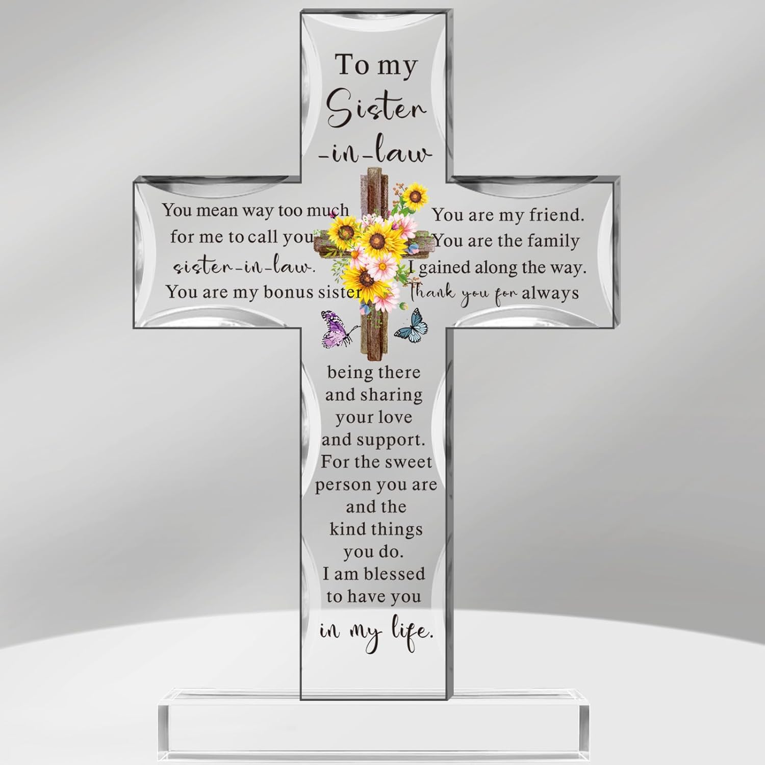 Chunful Christian Gifts for Women Men Acrylic Standing Cross Religious Inspirational Gifts with Bible Verse and Prayers Sunflower Cross for Friends Mom Wife Friends Colleague(Sister Style)