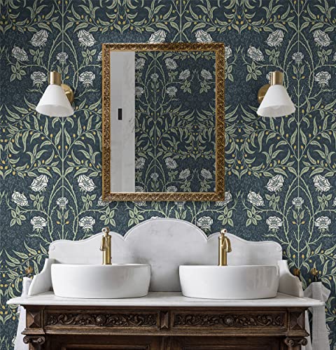 Nextwall Stenciled Floral Peel And Stick Wallpaper (Navy & Sage) #TOP6