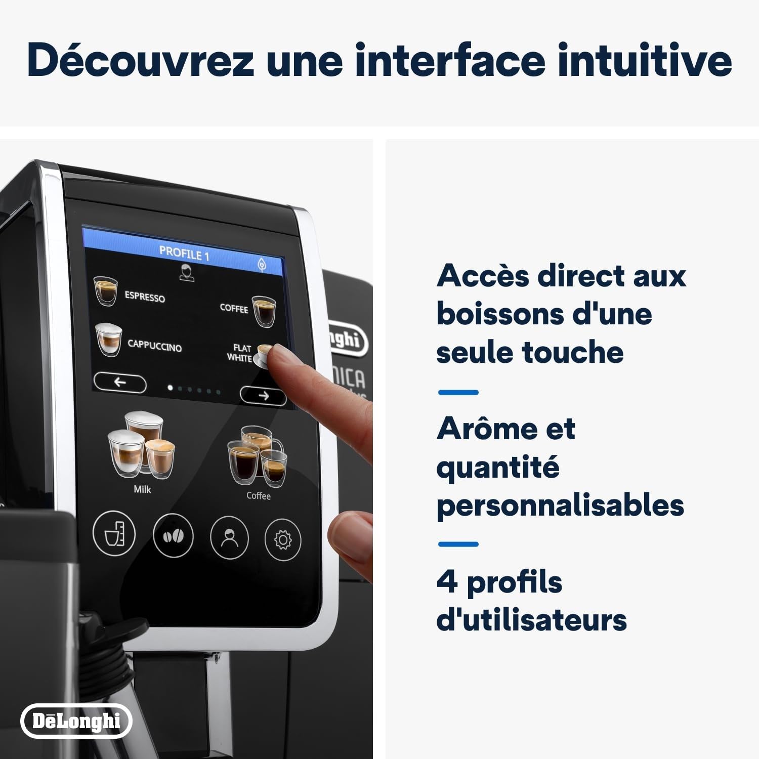 De'Longhi Dinamica Plus ECAM382.70.B, Machine Automatique à Café en Grains, Cafetière avec Technologie LatteCrema, Machine Espresso avec 18 Recettes, Écran TFT 3,5", 1450W, Noir