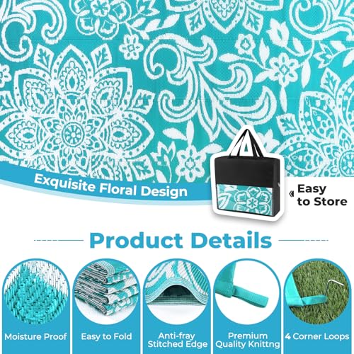 Findosom Waterproof Outdoor Rug 8' x 10' - Reversible Mandala Outdoor Plastic Straw Rug, Durable Foldable Patio Rug for RV, Deck, Balcony, Backyard, Picnic, Porch, Camping, Beach, Blue by Findosom - Used condition - Image 5