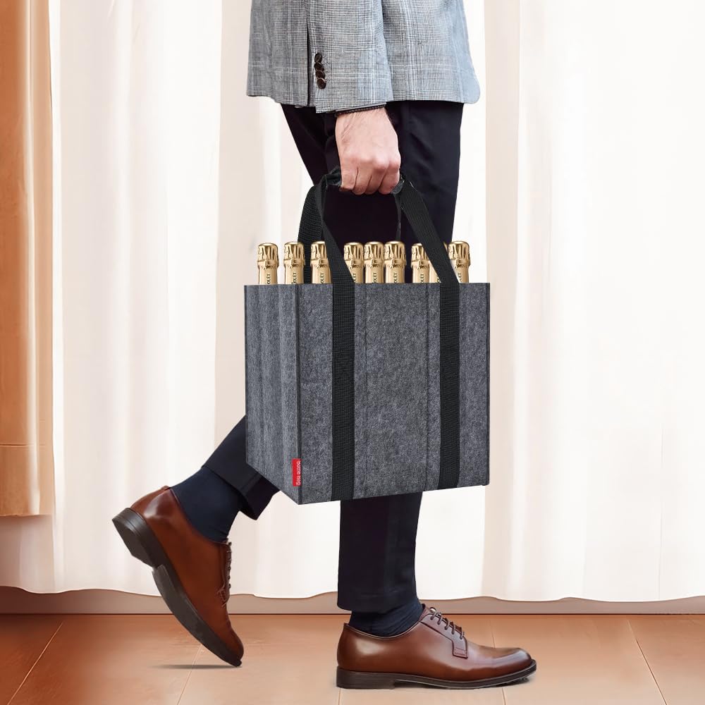 Eurhomewit Borsa per Bottiglie Vino Acqua in Feltro, 9 Scomparti Borse Porta Vino Portabottiglie, Borsa Trasporto per Vino Bottiglie in Vetro 1,5 litri, Riutilizzabile - Nero