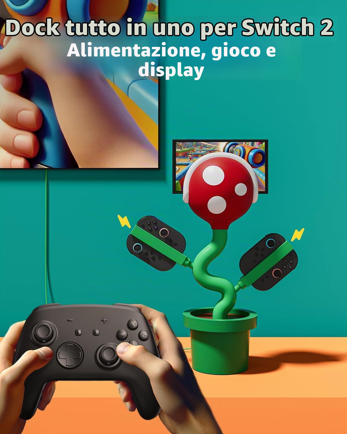 Docking station compatibile con Nintendo Switch 2, POWKONG dock di ricarica per joypad controller PK02-S2, Piranha TV Dock Stand con porte HDMI/USB 2.0/USB-C 4K 60Hz PD ricarica rapida