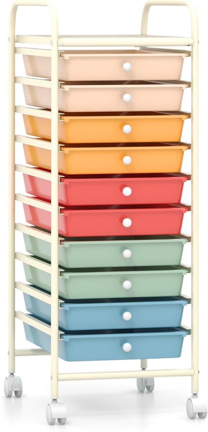HOMGX Storage Cart with 10 Drawers, 10 Tiers Rolling Drawer Cart with 2 Lockable Wheels, Slim Rolling Storage Cart for Office/School/Home, Macaron