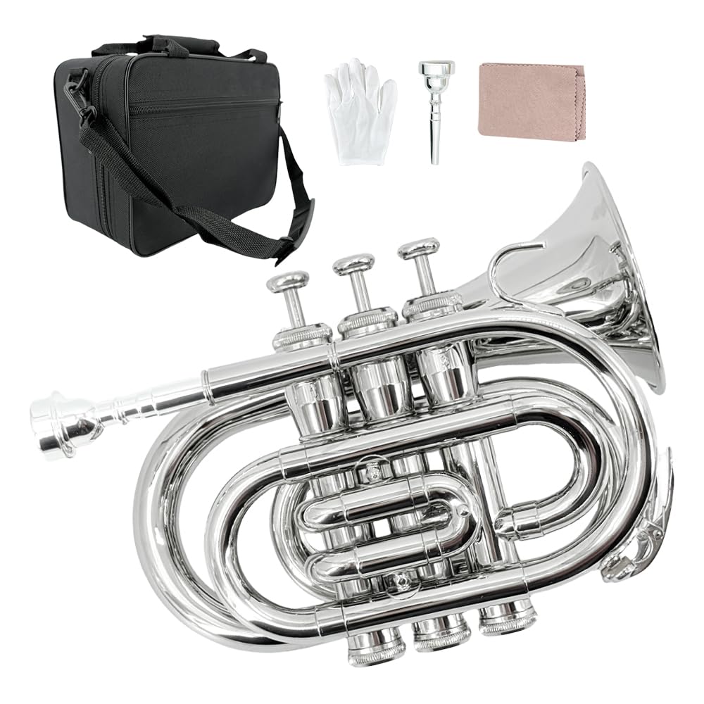Taschen-Trompete, Messing, Bb, flach, tragbar, mit 7C-Mundstück, Hartschalenkoffer, Reinigungsset, Gurt, Handschuhe für Anfänger, Weihnachten, Geburtstag, Geschenk (Silber)
