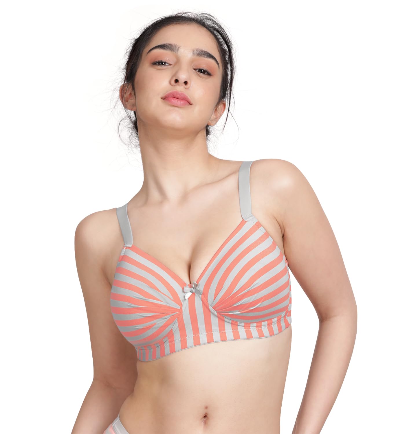 shyaway Women's Taabu 3/4th Coverage Stripes Printed Wirefree Balconette Cotton Padded Bra- Grey, Orange-picture-42