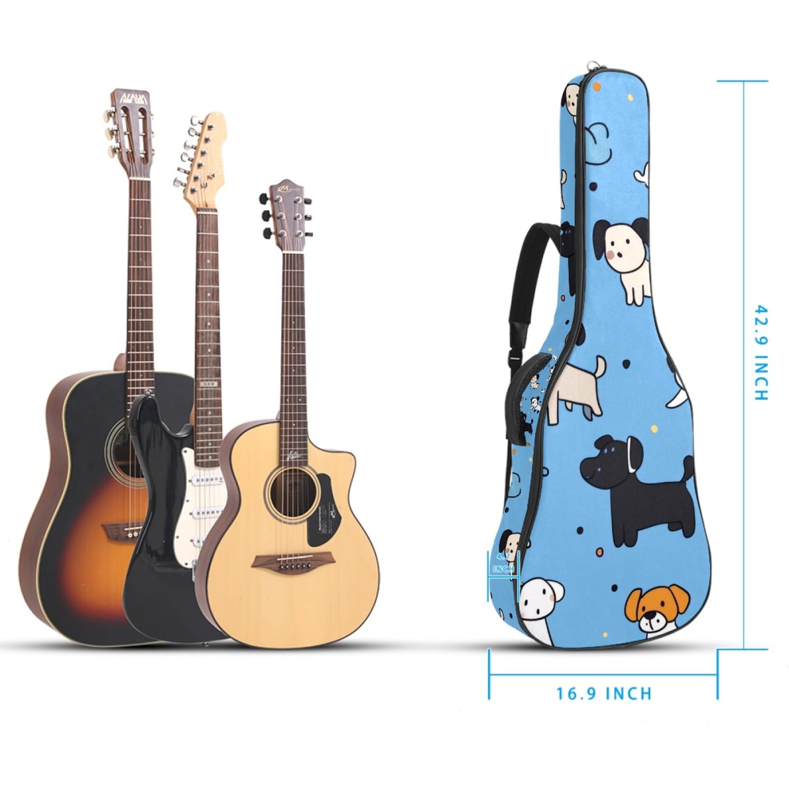 43 Zoll Akustikgitarre Softcase mit Rucksackgurt und 2 Taschen Handgemalt Hunde Hintergrund Keine Polsterung Rucksack Wasserdicht Oxford Tuch Bassgitarre Gigbag für Konzertgitarren,