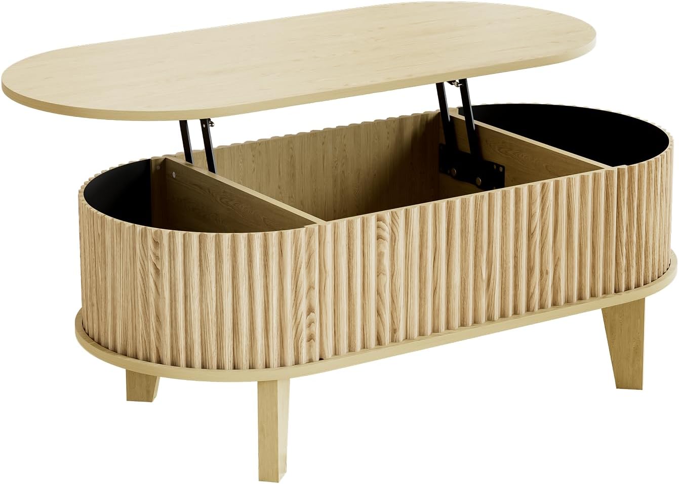 Oval Coffee Table with Lifting Top, 41" Fluted Coffee Table with Storage for Living Room or Home Office, Oak