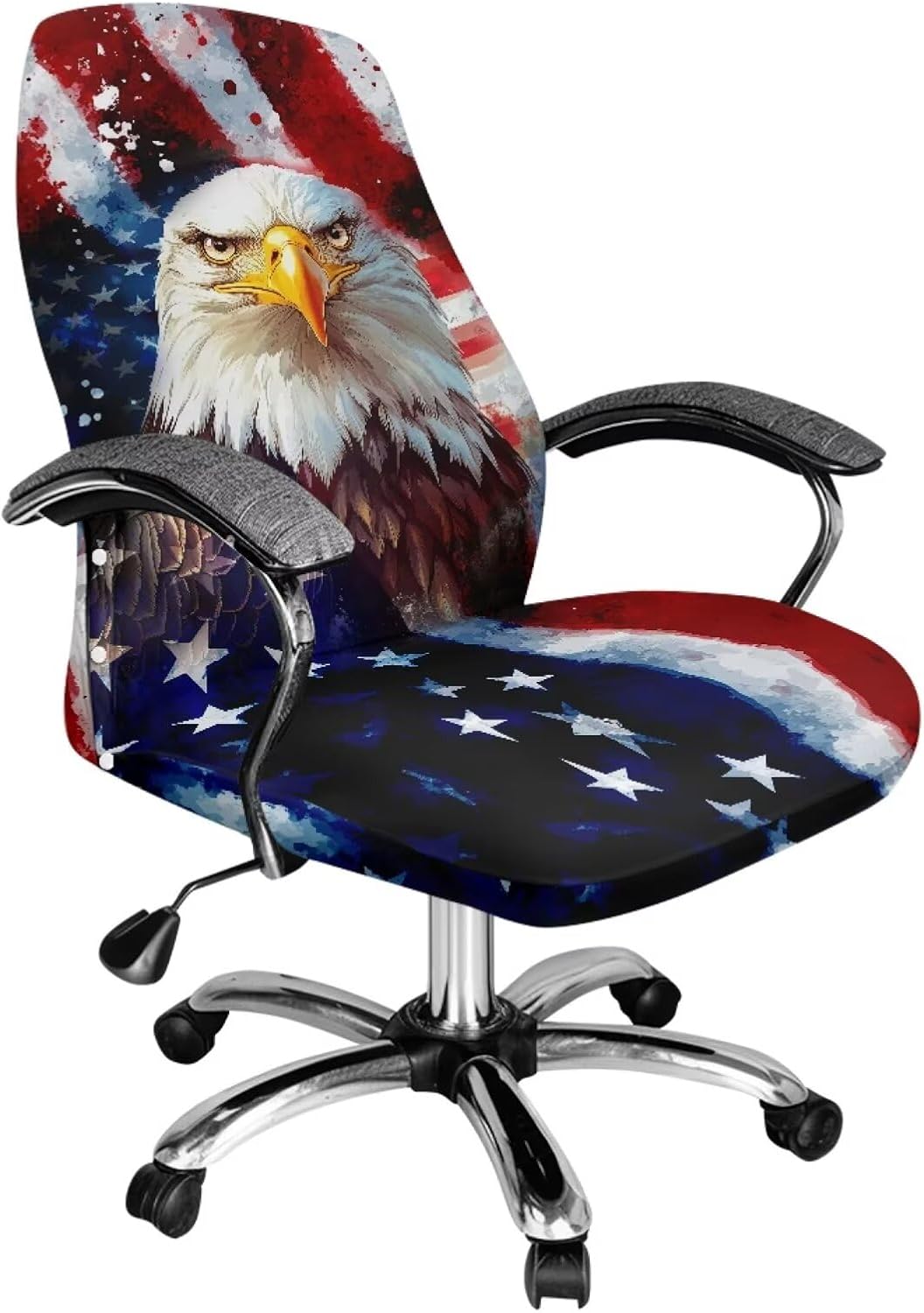 American Flag Eagle Printed Office Chair Cover Elastic Stretch, 4th of July Gaming Chair Cover Decorative, Rotating Computer Chairs Seat Protector Size L