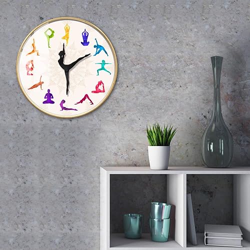 Miniatura 6 de Reloj de pared de postura de yoga colorido de 12 pulgadas con marco de madera, cuarzo silencioso sin tictac, funciona con pilas, reloj de pared