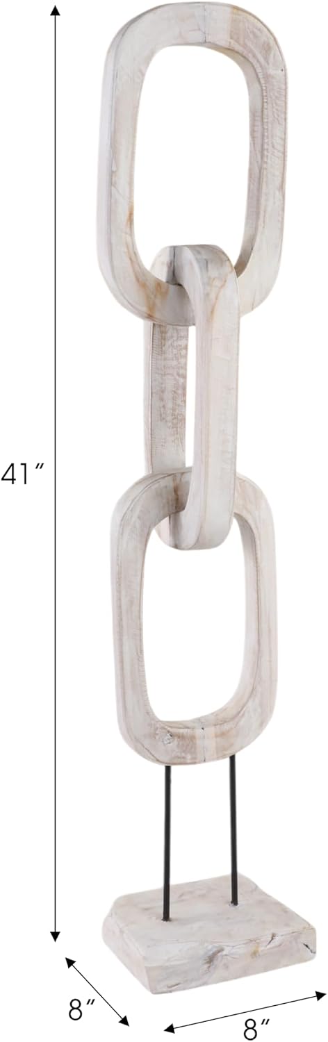 Teak Chain Sculpture for Home and Bathroom Decor - Coastal Wooden Linked Accent for Living Room or Dining Room - Art on Stand Figurine for Office Shelf and Coffee Table Decor - 41”, White