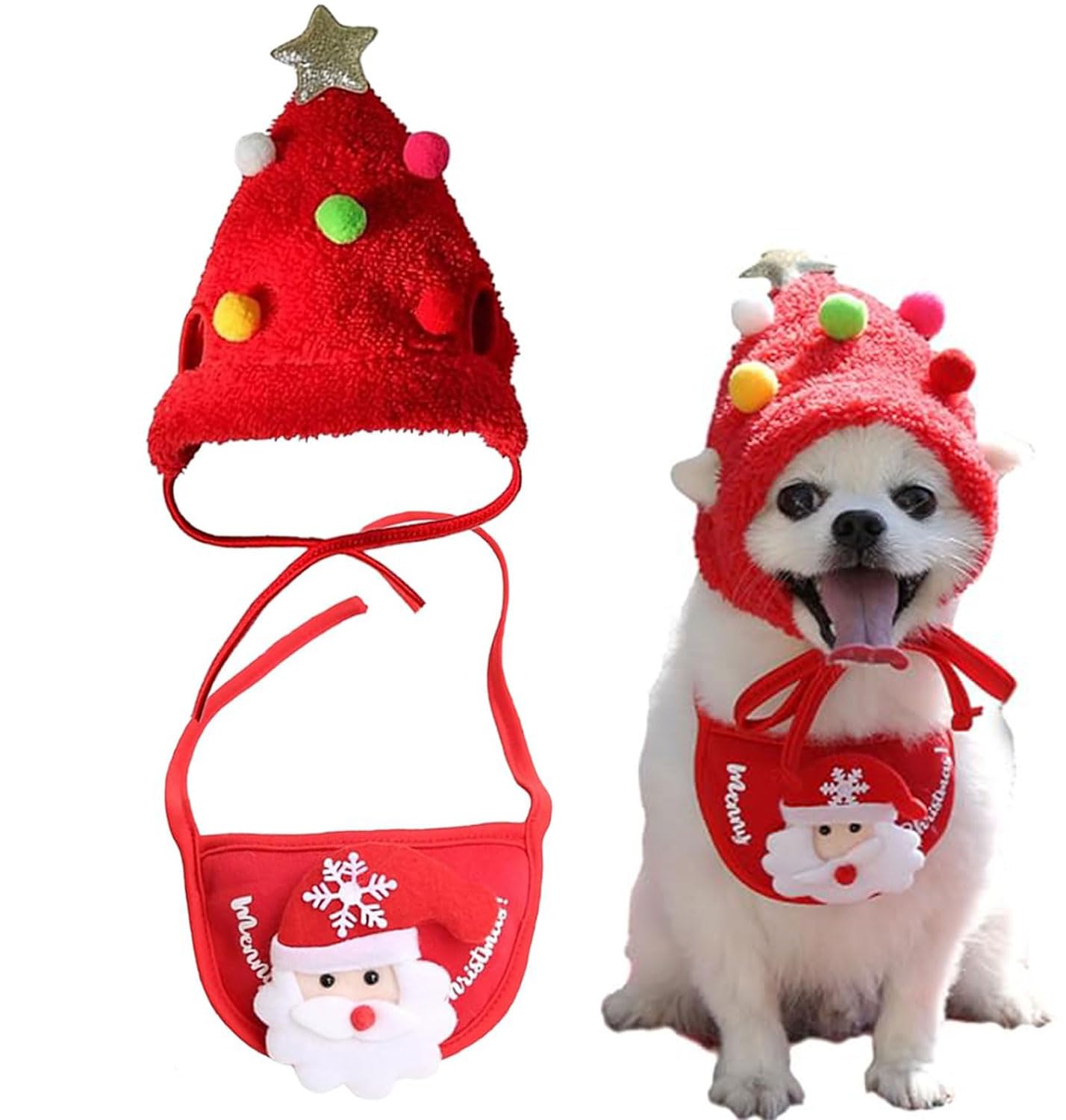 Adorable Christmas Tree Pom-Pom Hat, Celery Pets Dog Santa Hat, Xmas Dog Hats, Adjustable Christmas Tree Hats For Dogs, Cute Small Dogs Costume for Xmas Party (Red, S)