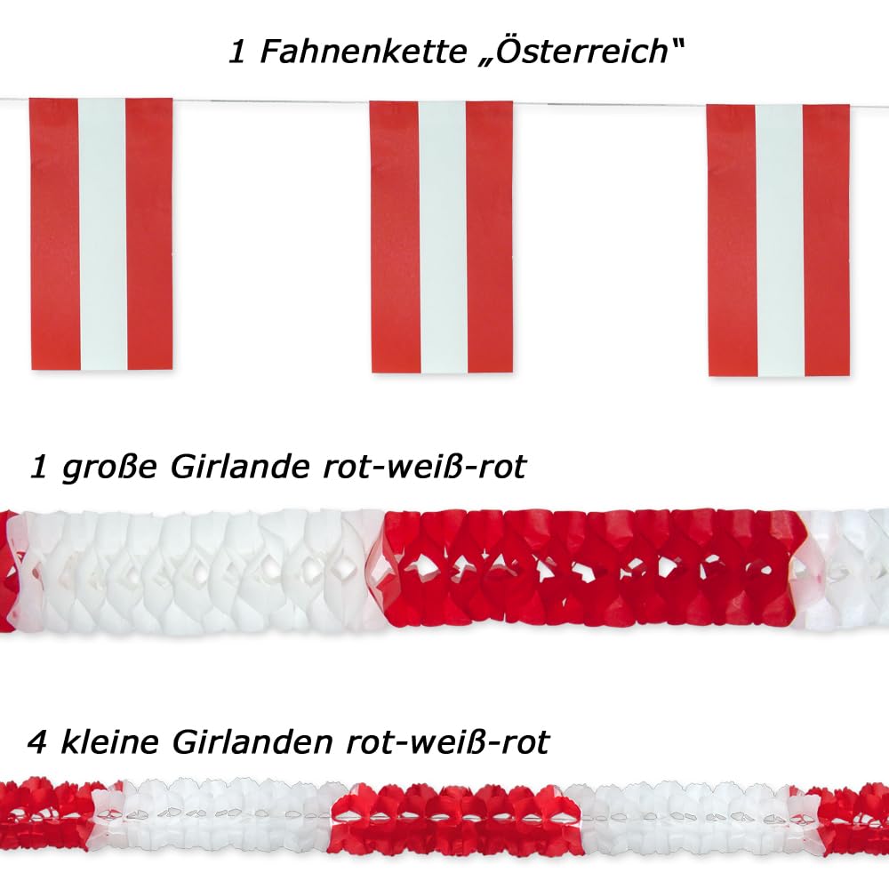 Österreich Deko Set rotweißrot groß - Partydeko im Design der rot-weißen, österreichischen Flagge, Girlanden, Fähnchen, Fahnenkette, Tischdeko Motive, Dekohänger, Lampion, Servietten im Dekoset