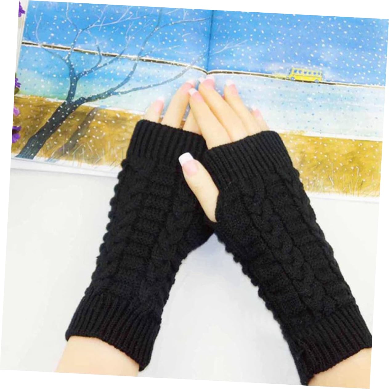 SAFIGLE Fingerless Winter Knitted Gloves for Men and Women Warm Arm Sleeves with Thumb Hole Black Long Gloves for Casual Wear and Outdoor Activities