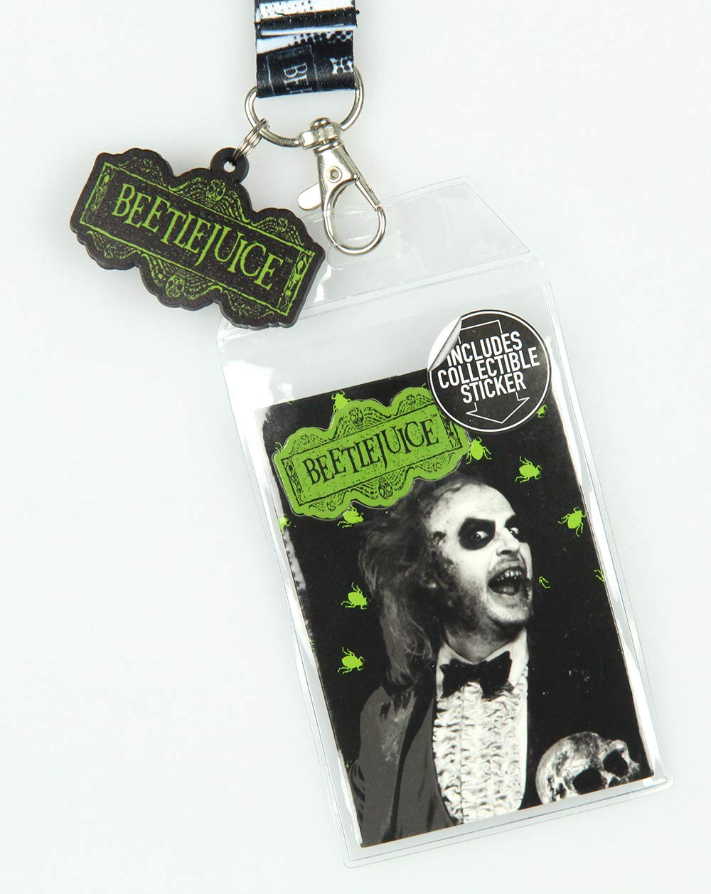 Beetlejuice Never Trust The Living Lanyard - Soporte de identificación con colgante de goma y calcomanía coleccionable