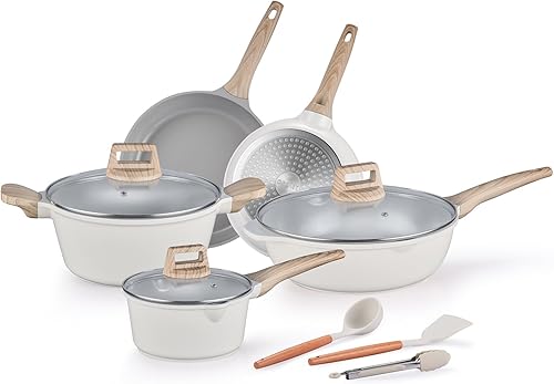 OROLEY Juego de ollas y sartenes antiadherentes, juego de utensilios de cocina de cerámica, ollas, sartenes, tapas y espátulas, no tóxico, sin PTFE